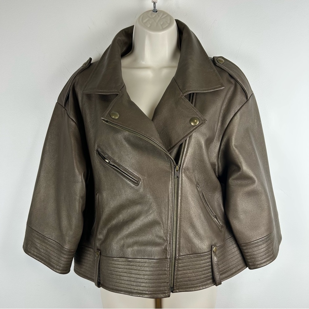 Bagatelle Leather Cropped Moto Jacket Bronze sz XL Minimalist Chic Quite Luxury - Picture 3 of 15